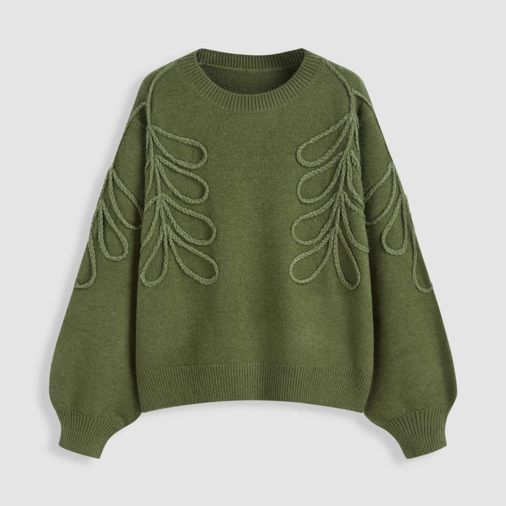 CIDER KNIT ROUND NECKLINE LEAF BRAID OVERSIZED SWEATER